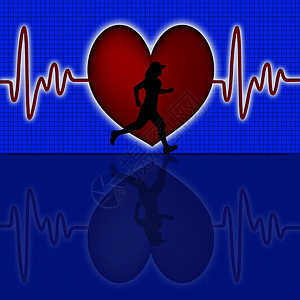 红色心跳图的女跑者Silhouette医疗心脏病学插图心率背景疾病蓝色监视器心电图测试图片