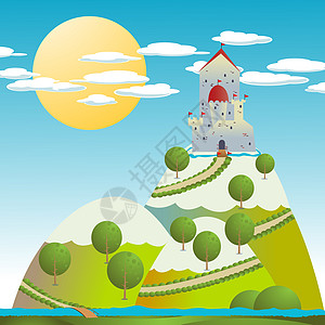 绘制城堡图卡通片卡通天空草地全景插图庄园松树房子日落图片