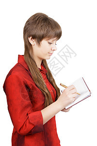 带笔的有魅力的年轻女子经理工作室教育软垫办公室大学女孩女士笔记商业图片