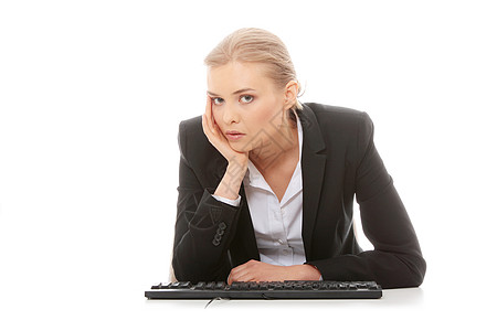从事Pc工作的无业女商务人士女孩键盘电脑套装互联网桌子工人女士商业疼痛图片