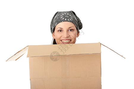 带盒子的女人命令工作运输女士纸盒工人船运纸板房子微笑图片