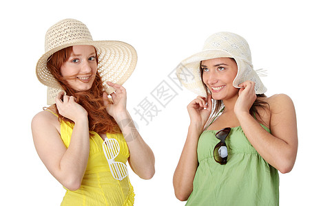 夏月少女喜悦幸福黑发帽子女性亲戚们青年女孩学校同学图片