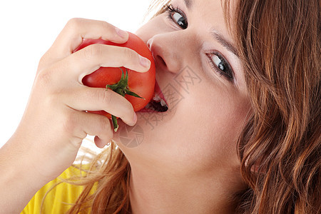 女人吃西红番茄女士饮食手指眼睛生活美食女性蔬菜小吃嘴唇图片