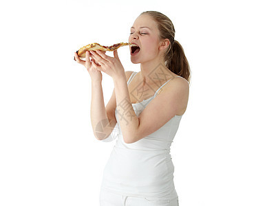年轻快乐的女士 吃比萨饼金发女郎头发女性女孩喜悦微笑青年食物饮食工作室图片