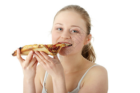 年轻快乐的女士 吃比萨饼工作室冒充喜悦头发青少年食物家庭青年金发女郎午餐图片
