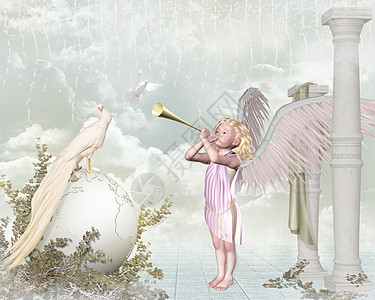 小天使孩子们树叶鸟类天堂喇叭音乐女孩们天使行星光环图片