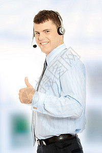 客户服务运营商接待员求助操作员中心拇指讲话男性顾客代理人麦克风图片