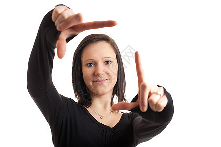 年轻女性的相貌蓝色女士青年手指红色女孩微笑框架拇指创造力图片