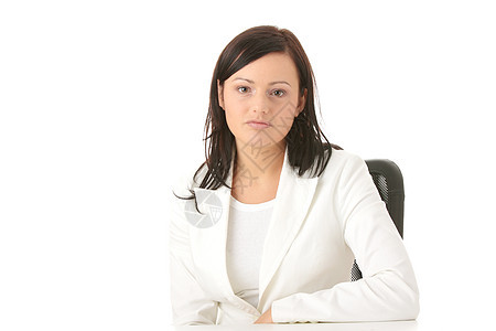 坐在办公桌前的妇女的近视肖像女孩工作快乐办公室人士头发秘书桌子商业衬衫图片
