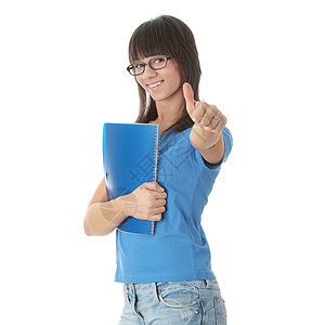 带笔记本的少女女学生学生大学微笑工作室女性女士快乐拇指演讲青年图片