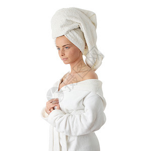 浴袍美丽的女人卫生毛巾治疗浴衣皮肤微笑温泉女性身体化妆品图片