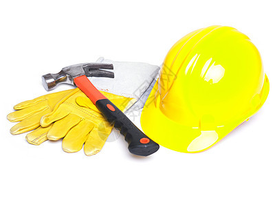 铁锤和皮衣手套头盔商业工程安全工具工人头饰建筑师防护工作服图片