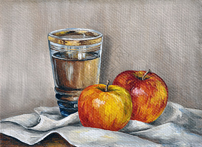 苹果和果汁市场食物早餐插图装饰水果片帆布颜料艺术风格图片