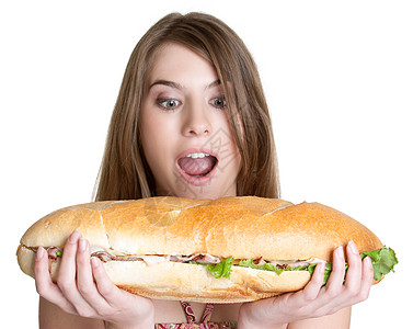 食食食物的女童营养潜艇杂货店青年女士面包女孩黑发冒充女性图片