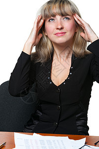 头痛 在工作场所工作的商业妇女厌倦了工作疾病女士思维悲伤破产套装人士压力商务沉思图片
