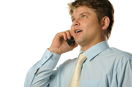 生意人用手机在电话上说话快乐愿望男性智力工作领导蓝色专注人士办公室图片