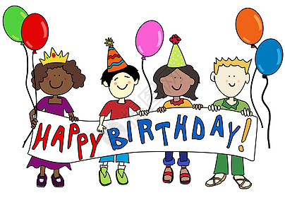 带生日旗帜的多文化儿童多文化儿童世界帽子卡片女孩微笑涂鸦横幅多样性孩子气球图片