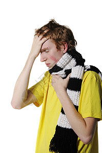 头痛 感冒的男子疾病发烧男性症状温度计流感过敏药品面具传染性图片