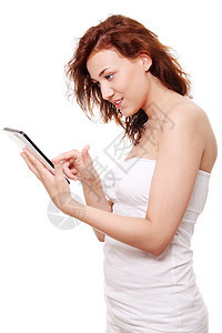 使用平板电脑的美女通讯女性电子书软垫数据屏幕工作女士经理监视器图片