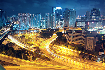 夜间在香港的交通运输建筑景观天际城市驾驶蓝色汽车街道戏剧性图片