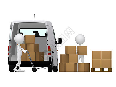 3个小人携带手提卡车 装箱 Boxes和v背景图片
