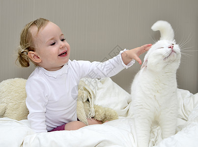 小女孩坐在床上和猫玩耍 女孩坐在床上图片