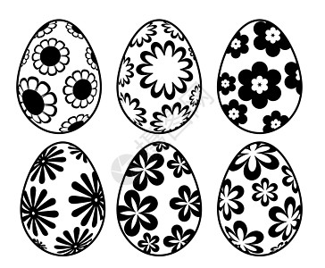 6个黑色和白色复活节日鸡蛋 配有花粉设计图片