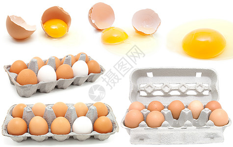 白色背景的鸡蛋组 鸡蛋被打破了图片