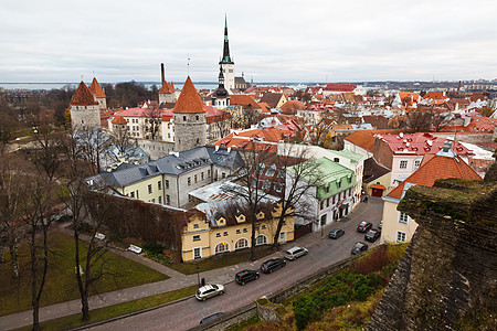 爱沙尼亚旧塔林城墙和城市塔楼全景古董首都地标教会城堡旅游房屋天空城市瓷砖图片