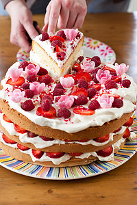 多彩的生日蛋糕生日饮食蛋糕食物覆盆子红色肥胖桌子甜点奶油图片