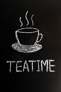茶时时间服务茶碗黑板茶壶杯子绘画古董早餐饮料餐具图片