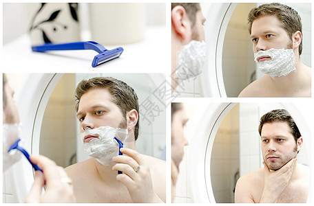 人类刮胡子的拼图 四张照片图片