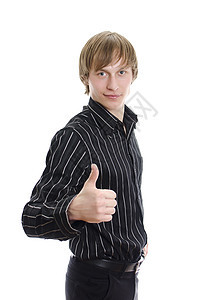 身高不平的年轻人举起大拇指笑着 孤立在白色上青年男人微笑拇指手势协议衬衫快乐手指成功图片