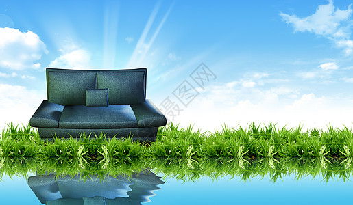 草地上沙发与明亮的天空皮革椅子蓝色风格日落草原装潢太阳扶手椅皮肤图片