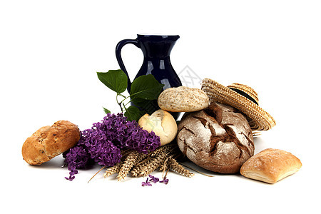 春天的感情野餐紫丁香小麦面包粮食盒子包子面包师面团早餐图片