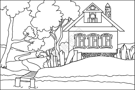 黑色画册彩色书 - 河边的旧房子背景