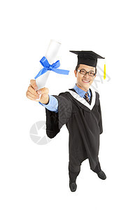 获得毕业证书的亚洲裔学生毕业生文凭证书长袍微笑快乐中学多样性滚动教育帽子大学丝带图片