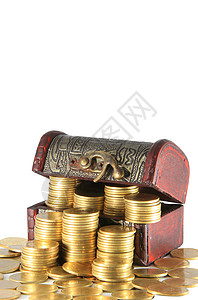 满是钱的木制古代箱子商业现金盒子金融交换财富胸部树干木头货币图片