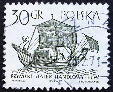 复古帆船波兰1963年波兰邮戳 3世纪商务人士 古船背景