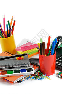 准备上学彩虹蓝色订书机办公室教育铅笔刷子学校便利贴水彩图片