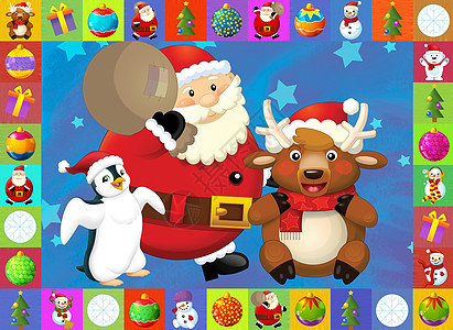 具有明确背景的圣诞节卡     儿童插图 孩子卡片装饰雪人企鹅横幅派对扫帚团体驯鹿齿轮图片
