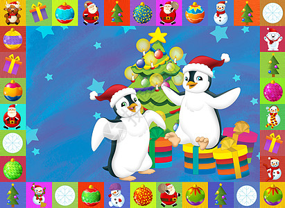 具有明确背景的圣诞节卡     儿童插图 孩子横幅派对朋友们装饰雪人戏服框架星星企鹅驯鹿图片