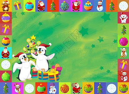 具有明确背景的圣诞节卡     儿童插图 孩子动物驯鹿朋友们装饰品团体绘画戏服家庭框架企鹅图片