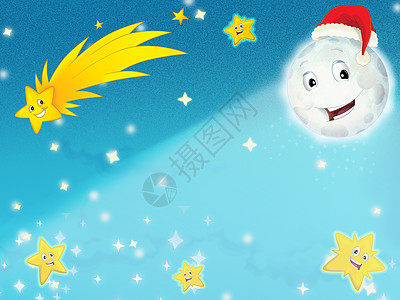 卡通在夜晚微笑的月亮与星星圣诞节朋友孩子们的插图 圣诞朋友流星天空礼物月光飞机孩子幸福风格朋友们卡通片图片