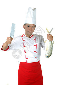 厨师拿着大生鱼和厨房刀职业制服菜单餐厅美食男性工作服套装炊具味道图片