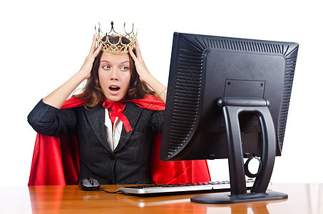 顶级女工人 其王冠在办公室工作桌子女士键盘套装监视器压力老板文件夹商业屏幕图片
