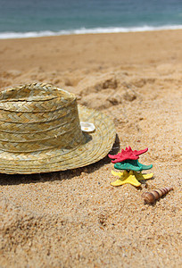 海滩上有趣的海星热带晴天日光浴闲暇橙子帽子作品海岸支撑娱乐背景图片