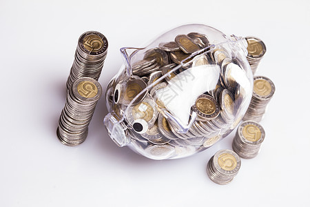 在小猪银行存钱 很多钱小猪硬币投资玩具订金图表退休玻璃银行盒子图片