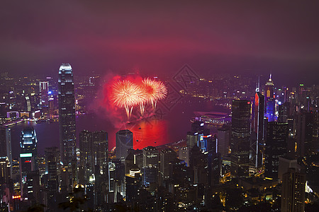 中华新年香港烟花火花假期蓝色庆典快乐节日城市反射纪念日展示图片