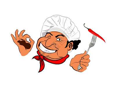 有趣的厨师 最美味的美食辣椒海报快乐手指插图男人微笑香料面包师咖啡店图片